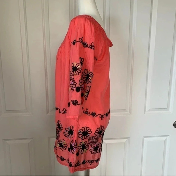 Kyra Off Shoulder Boho Tunic Coral Hand Embroidered Detail Cotton Top size Large - Picture 6 of 13